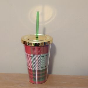 Ashland Plaid Tumbler with Gold Lid and Green Straw